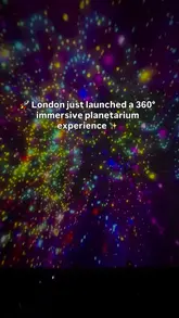 The video is a montage of clips from an immersive planetarium experience located at Battersea Power Station. It features various high-resolution space-themed projections inside a dome, providing a clear visual representation of the attraction.