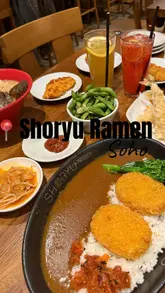 A montage of food and interior shots at Shoryu Ramen in Soho, featuring various ramen dishes, curries, tempura, and desserts.