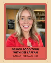 A promotional graphic for a guided food tour in Dublin hosted by Dee Laffan. The image features a clear, well-lit portrait of the host against a blurred kitchen background, framed by a red border with event details.