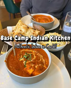 Delicious paneer and tikka masala with pilau rice and garlic naan at Base Camp Indian Kitchen, Cardiff.