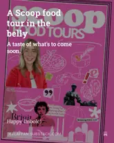 A promotional graphic for a food tour event featuring a headshot of the creator overlaid on a pink, illustrated background with text.
