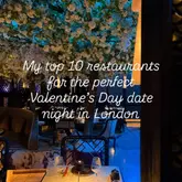 A listicle-style graphic featuring a moody, blue-lit restaurant interior with an artificial cherry blossom tree, used as a background for a text overlay recommending London restaurants for Valentine's Day.