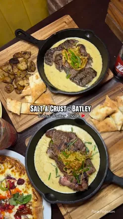 Viral Swiss butter steak and stone baked pizzas at Salt and Crust in Batley, showcasing delicious halal dining.