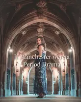 A visually striking, symmetrical shot of a person standing in a grand, gothic-style library corridor, effectively capturing a 'period drama' aesthetic to promote historic Manchester locations.