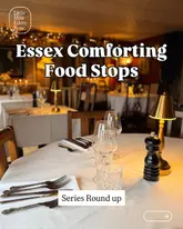 A warm, inviting, and well-composed shot of a restaurant table setting, featuring a small lamp and pepper grinder, used as a cover image for a series about comforting food spots in Essex.