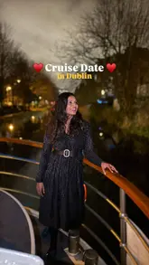 A short, atmospheric video showcasing a dinner cruise experience on a canal boat in Dublin. The video features shots of the boat's exterior and interior, the dining setup, and the food served, set to music with text overlays describing the date night experience.