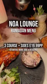 A promotional reel for NOA Lounge featuring a variety of dishes including burgers, tacos, loaded fries, and desserts, presented as a set menu offer for Ramadan.