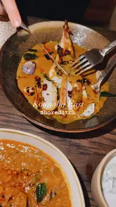 A montage of various Sri Lankan dishes and cocktails at Kolamba East in Shoreditch, featuring close-ups of food preparation and plating.