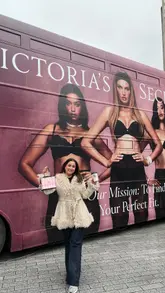 The creator visits the Victoria's Secret Bra Fit Bus pop-up in Birmingham, documenting the bra fitting process and the complimentary coffee/matcha bar inside the bus.