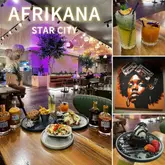 Vibrant Afrofusion dishes and drinks from Afrikana Kitchen, including Loaded Mac 'N Cheese, a mocktail, and signature bold platters in Birmingham.
