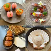 A collage of four high-quality food photographs showcasing a fine dining experience, likely a tasting menu. The images feature delicate, artfully plated dishes including savoury tartlets and macarons, a raw fish course with edible flowers, a bread basket, and a scallop dish served in its shell. The photography is clean, well-lit, and highlights the precision of the presentation.
