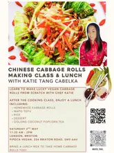 A promotional flyer for a vegan Chinese cabbage roll cooking class and lunch event at Pipoca Vegan in Brixton, featuring a photo of the dish and the chef.