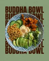 A top-down, flat-lay photograph of a homemade Buddha bowl featuring chickpeas, sliced cucumber, roasted sweet potato cubes, couscous, broccoli florets, and sliced avocado. The image is set against a solid green background with a repeated 'BUDDHA BOWL' text overlay.