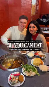 A couple visits a hotpot restaurant in London, showcasing the unlimited food and drink buffet, the dipping sauce station, and the hotpot cooking process.