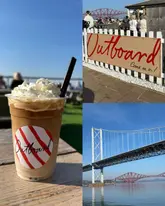 A collage-style image promoting a cafe called Outboard in South Queensferry, featuring a takeaway coffee, the venue's outdoor seating area, and a scenic view of the Forth Bridge.