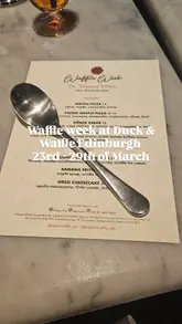 A montage of various savoury and sweet waffle dishes from a 'Waffle Week' menu, including shots of the food, a menu, and a neon sign.