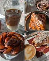 A collage of four images showcasing various pastries and coffee drinks from Patina Edinburgh, featuring an iced coffee, a cinnamon bun, a sugar-topped croissant, and an almond croissant.