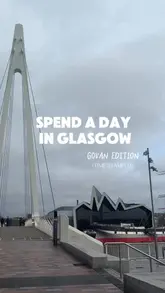 A short-form video guide documenting a day out in the Govan area of Glasgow, featuring a breakfast stop, a sports activity, a museum visit, and a coffee/pastry break.