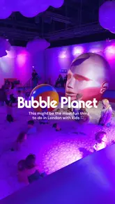 A montage of various immersive, bubble-themed rooms at the Bubble Planet experience in London, showcasing interactive installations, colourful lighting, and sensory environments suitable for families.