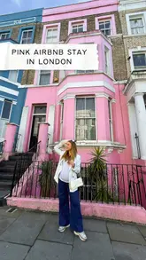 The video features a creator showcasing a pink-themed Airbnb in Notting Hill, London. It includes shots of the interior, the exterior, and a montage of nearby activities such as brunch at a local cafe, flower shopping, and browsing Portobello Market.