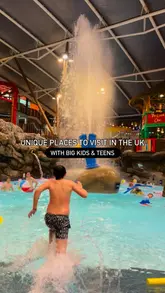 A fast-paced montage showcasing the Splash Landing waterpark at Alton Towers, highlighting the various water slides, splash zones, and the poolside bar area.