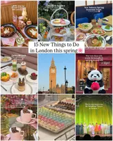 A collage graphic featuring nine distinct images showcasing various London venues, cafes, and activities for spring. The images include food, drinks, retail items, and a theatre performance, presented in a grid format with text overlays identifying each location.