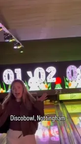 A promotional video for Discobowl in Nottingham, showcasing the bowling lanes, cocktail and pizza deals, and interactive games like the prize wheel.