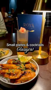 A montage showcasing the food and atmosphere at Roya in Glasgow, featuring close-ups of small plates, cocktails, and the restaurant's interior decor.