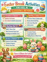 A digital graphic listicle promoting various Easter holiday activities for children in and around Glasgow, categorized by type (Creative, Soft Play, Big Days Out, etc.).