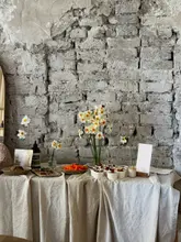 A bright, rustic lifestyle shot featuring a tablescape decorated with daffodils, small bowls of berries, carrot sticks, and health-focused food products against a textured brick wall.
