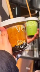 A short, aesthetic reel showcasing the opening of a new Bangkok-inspired cafe in Mayfair, London. The video features the creator visiting the venue, displaying the interior, and highlighting their signature matcha and boba latte drinks with text overlays providing context.