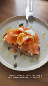 A short, aesthetic montage featuring various brunch dishes and coffee preparation at a cafe. The video highlights the quality of the food and drink through close-up shots and quick, rhythmic cuts.