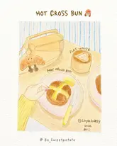 A charming, hand-drawn illustration depicting a cozy cafe scene featuring a hot cross bun and a flat white coffee, styled with a warm, inviting aesthetic.