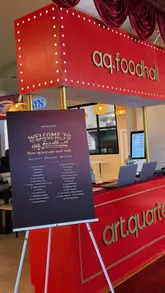 A review-style reel showcasing three different food vendors at the AQ Food Hall event, highlighting specific dishes like beef broth, shokupan pocket toasts, and matcha drinks.