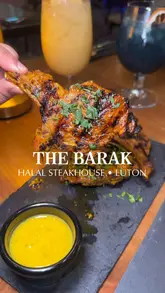 A montage showcasing various dishes and drinks at The Barak, a halal steakhouse in Luton, featuring close-ups of steaks, sliders, and desserts.