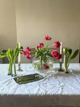 A minimalist, symmetrical tablescape featuring a vase of pink tulips, two candles, and raw asparagus stalks arranged on a metal tray and in small floral holders on a white tablecloth.