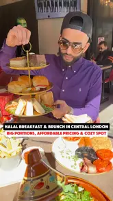 A high-energy review of a Halal breakfast and brunch spot in Central London, featuring a variety of dishes including a full English, shakshuka, avocado toast, and sweet treats like pancakes and French toast.