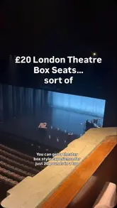 A short vlog-style video showcasing specific 'side circle' seats at the National Theatre in London, highlighting them as an affordable 'box-style' experience for £20.