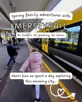 A promotional image for Merseyrail featuring two children walking along a train platform, used to advertise a stress-free family day out in Liverpool.
