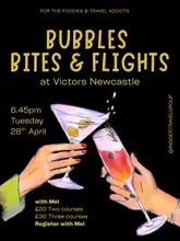 A promotional graphic for a 'Bubbles, Bites & Flights' event at Victors Newcastle, featuring a stylized illustration of two hands clinking a martini glass and a champagne flute against a black background.