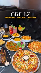 A montage showcasing various dishes and the interior of Grillz restaurant, featuring steaks, pizza, pasta, and desserts.