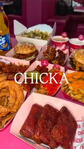 A short, punchy review of Chicka in Birmingham, highlighting their burgers, chicken tenders, and mozzarella sticks. The video uses close-up shots to emphasize the texture and quality of the food, specifically focusing on cheese pulls and dipping sauces.