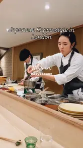A montage of high-end Japanese dishes and chefs preparing food at a counter-style restaurant in London.