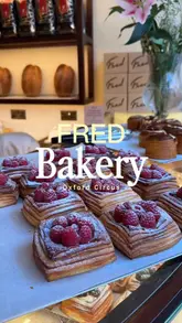 A montage of high-quality, close-up shots of various pastries and baked goods at Fred Bakery, set to music with text overlays identifying the items.