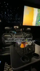 A vlog-style review of a luxury airport transfer service, highlighting the convenience and comfort of the experience compared to traditional airport parking. The creator showcases the interior of the minibus, including the starlit ceiling, entertainment system, and provided snacks.