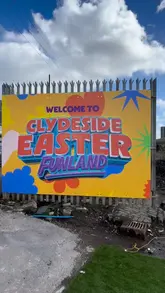 A vlog-style reel showcasing a visit to the Clydeside Easter Funland in Glasgow. The video features the creator and their children enjoying various fairground rides, playing games, and eating food like loaded baked potatoes and churros. It provides clear information about the pricing and duration of the unlimited ride pass.
