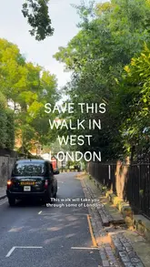 A curated walking tour guide through West London, specifically Kensington and Notting Hill, showcasing a mix of historic landmarks, parks, and various hospitality venues including restaurants, cafes, and pubs.