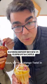 A creator and his daughter visit a street food stall called Mango Twist in Elephant and Castle to review their Mexican-inspired fruit drinks, specifically the 'Mango Polo' and the 'Volcano'. The video features the creator talking to the camera, showing the stall's menu and preparation process, and providing a taste test of both drinks.