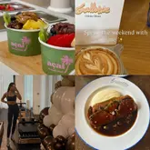 A four-panel collage capturing a weekend 'day in the life' style, featuring acai bowls, a coffee with menu, a pilates studio mirror selfie, and a plated main course.