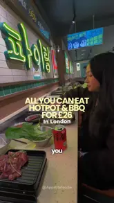 A fast-paced, vlog-style review of San Shun in Hammersmith, London, highlighting their all-you-can-eat hotpot and BBQ offer. The video takes the viewer through the various food stations, including raw meats, vegetables, seafood, a sauce station, and a dessert section, emphasizing the value and variety available for the price.